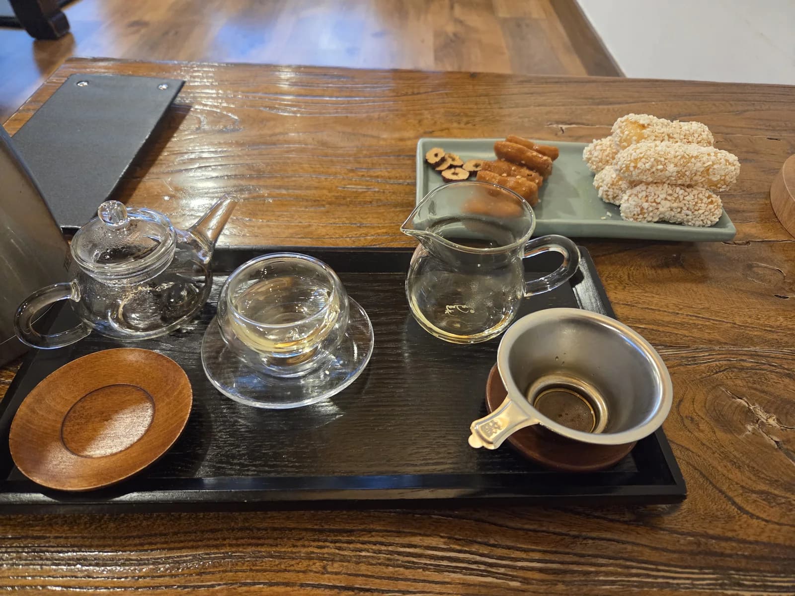 Warm hanok tea room interior at dusk