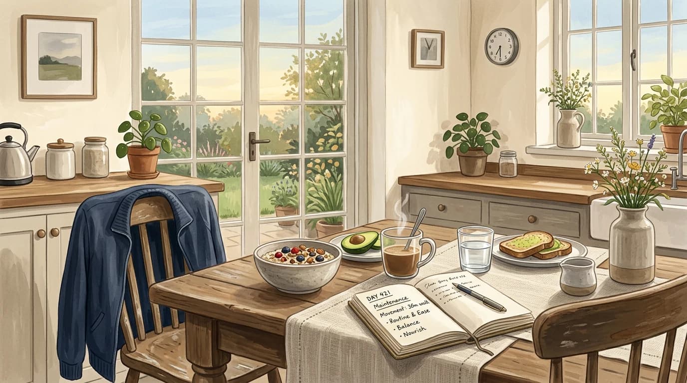 Editorial illustration of a quiet kitchen table with breakfast and a notebook, suggesting a tidy log and a messier real routine