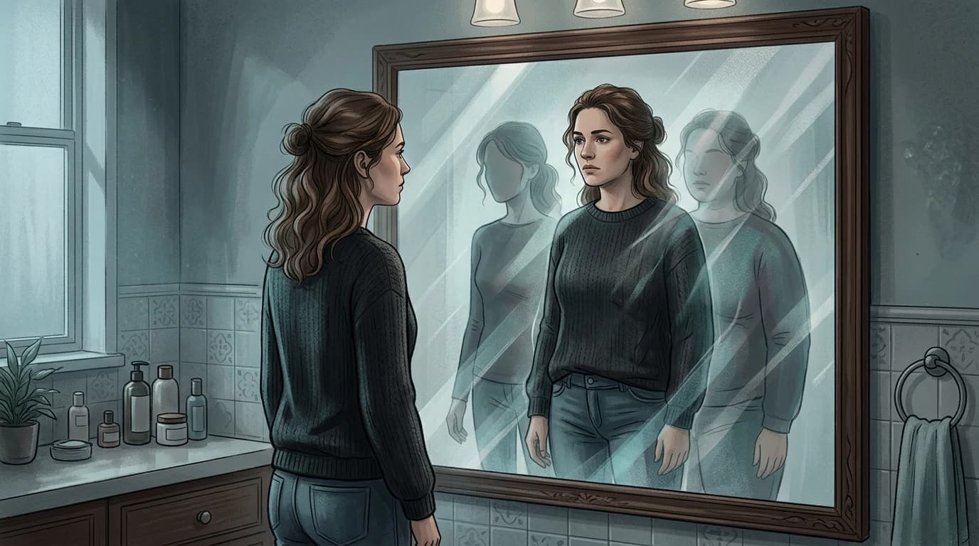 Conceptual editorial artwork of a bathroom mirror showing multiple shifting silhouettes during body change