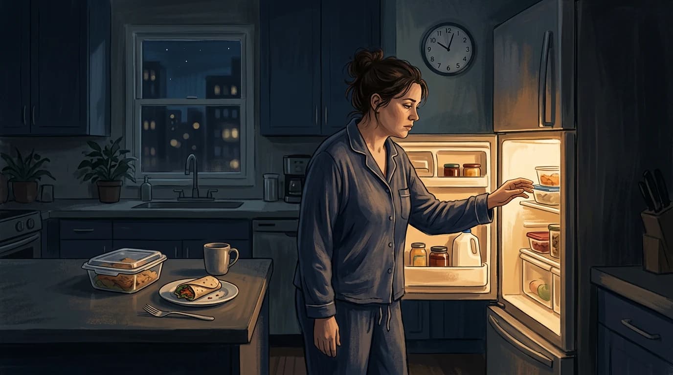 Editorial illustration of a dim late-night kitchen with the refrigerator open and leftovers on the counter