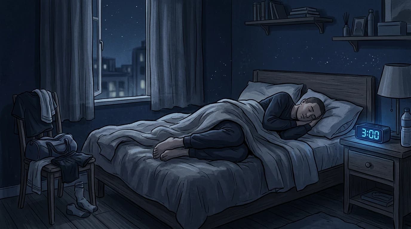 Editorial illustration of a bedroom at 3 a.m. with blue clock glow and gym clothes on a chair